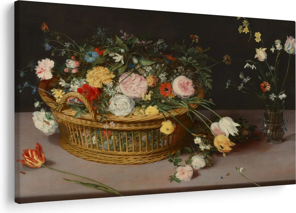Obraz - Jan Brueghel the Elder, Flowers in a Basket and a Vase, reprodukcia (90x60 cm)