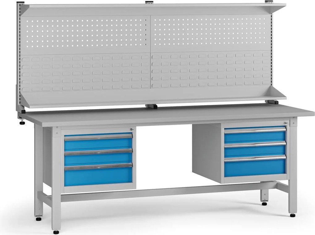 Výškovo nastaviteľný dielenský stôl G5 s nadstavbou, 2100 x 750 x 800-1000 mm, 2x kontajner, 6 zásuviek, modrá