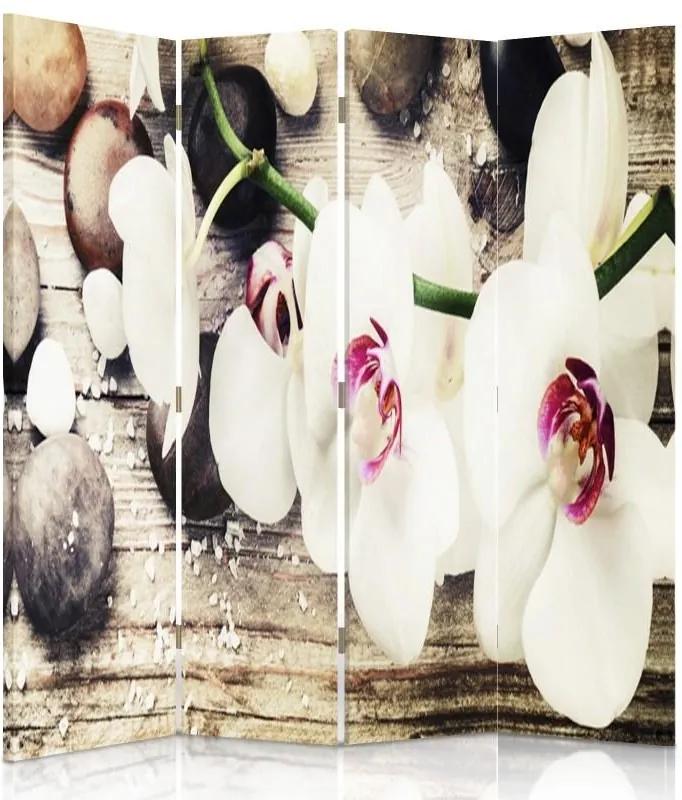 CARO Paraván - White Flowers | štvordielny | jednostranný 145x150 cm
