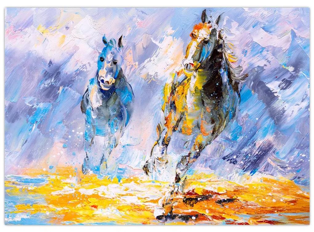 Sklenený obraz bežiacich koňov, olejomaľba (70x50 cm)