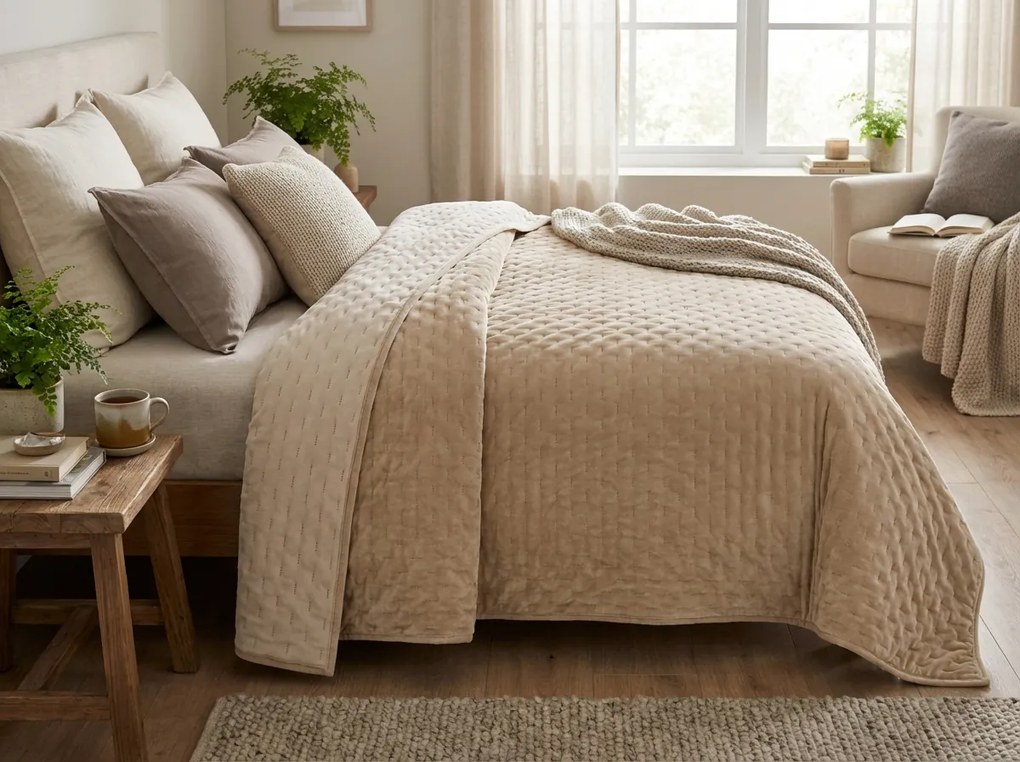 Zamatový prehoz na posteľ ASTRALIA, béžový Rozmer: 170 x 210 cm