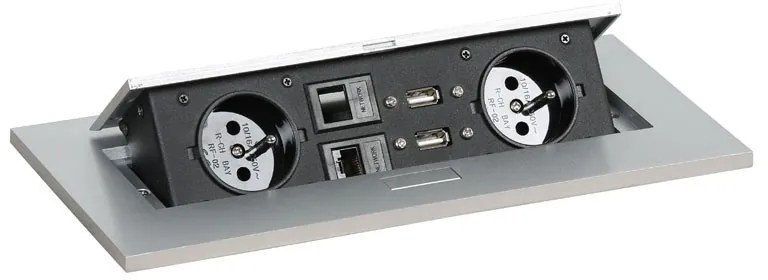 Rokovací stôl PRIMO INVITATION, 200x100 cm, sivá + stolná zásuvka TYP III, strieborná