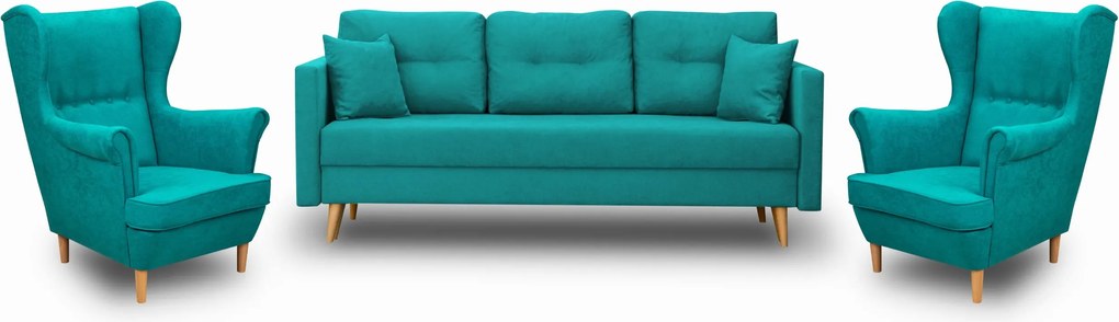 Škandinávsky Sedací Set Pohovka Lahti 2 Kreslá Denver Tyrkysová