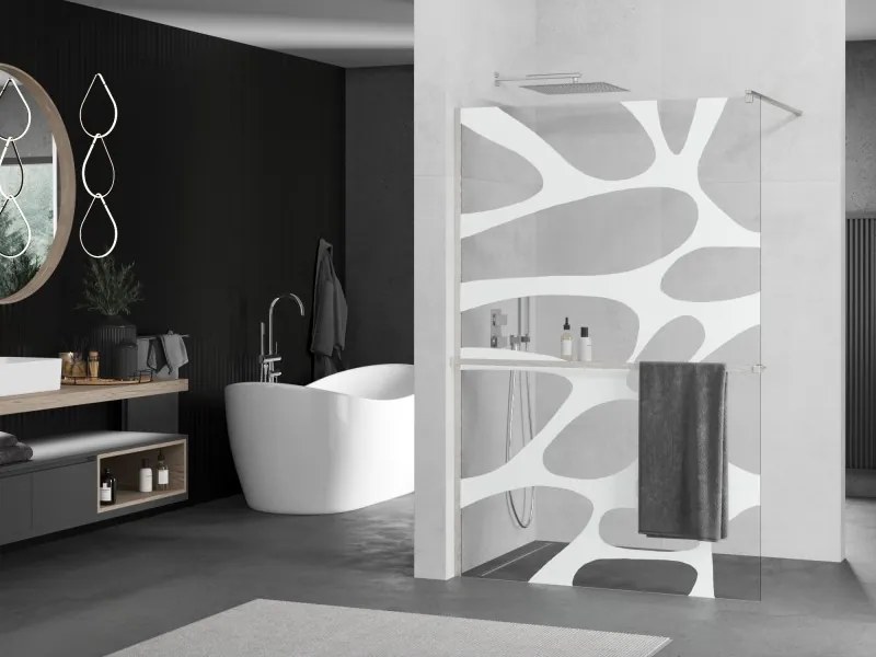 Mexen Kioto+, sprchová zástena Walk-In s poličkou a vešiakom 120 x 200 cm, 8mm číre sklo biely vzor, brúsená oceľ profil, 800-120-121-97-97