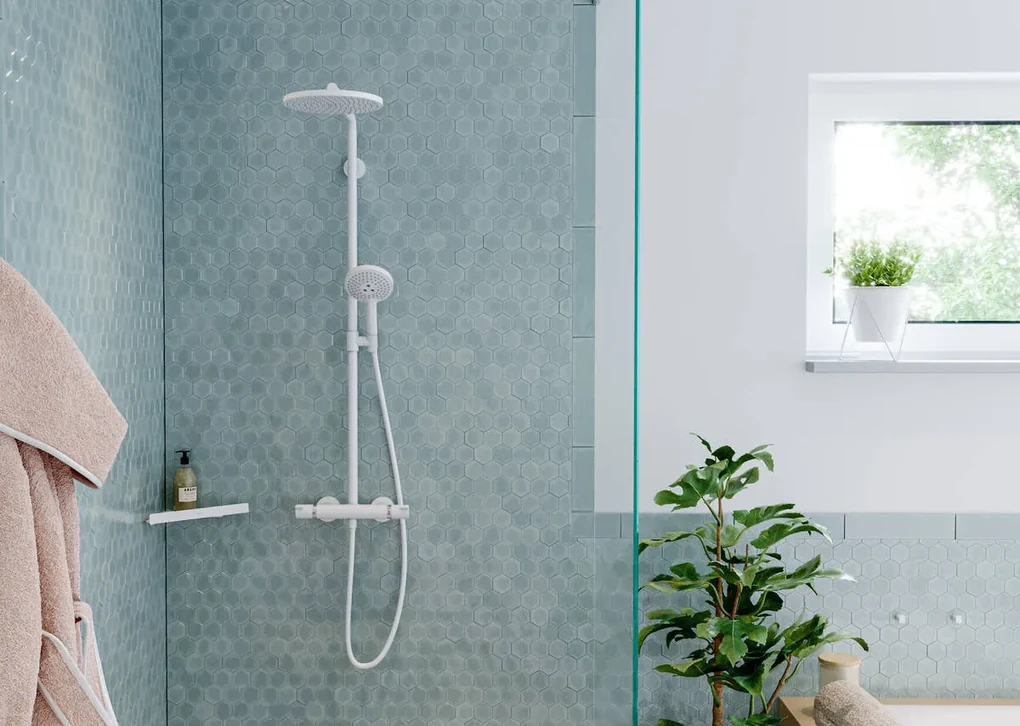 Hansgrohe Croma Select S, Showerpipe 280 1jet EcoSmart 9 l/min s termostatom a ručnou sprchou Raindance Select S 120 3jet, biela matná, HAN-26891700