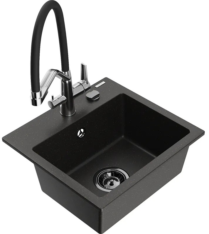 Mexen Milo, granitový drez 435x410x171 mm, 1-komorový a drezová batéria Duo, čierna-zlatá metalíza, 6505-75-671701-07-B