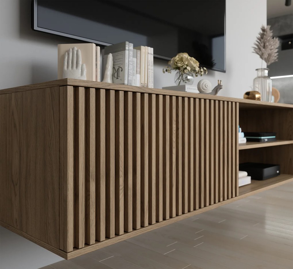 AKCIA Nástenný TV stolík ENTSIAN 150x40cm, dub artisan II. akosť
