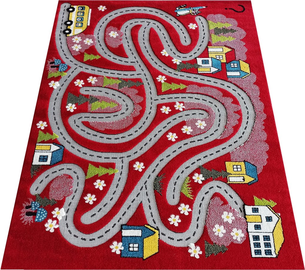 DY Červený detský koberec s motívom mesta Color Kids 02 Rozmer: 300x400 cm