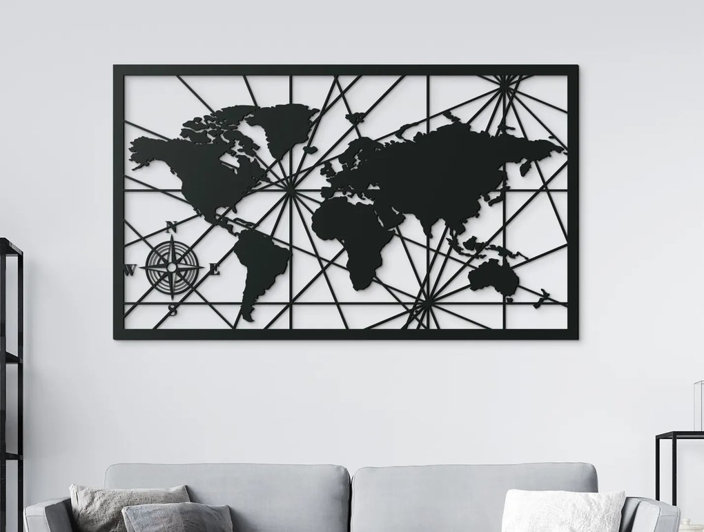 drevko Obraz Mapa sveta s kompasom na stenu Rozmer obrazu: 38,5 x 65 cm, Farba dekorácie: Čierna