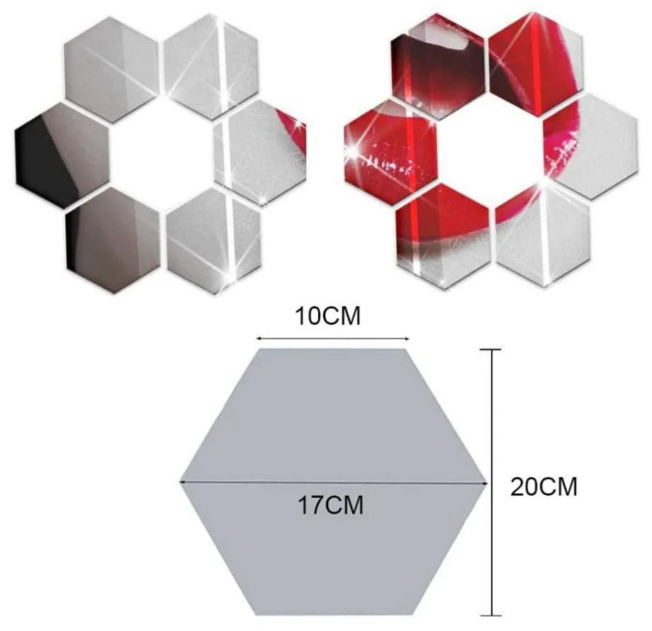 Súprava 12 adhezívnych zrkadlových samolepiek Ambiance Hexagonal Mirror, 20 x 17 cm