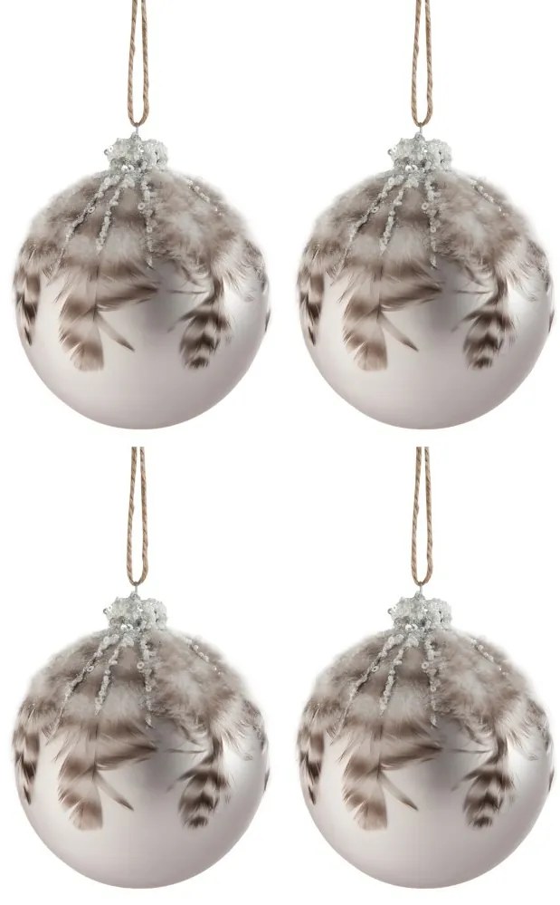 4ks vianočné sivá sklenená ozdoba s pierkami L - Ø 10 cm