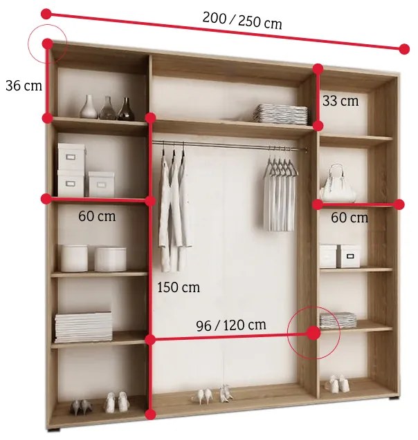 Posuvná skriňa TALIA 33, 250x200x62 + nadstavec, 250x45x62, biela