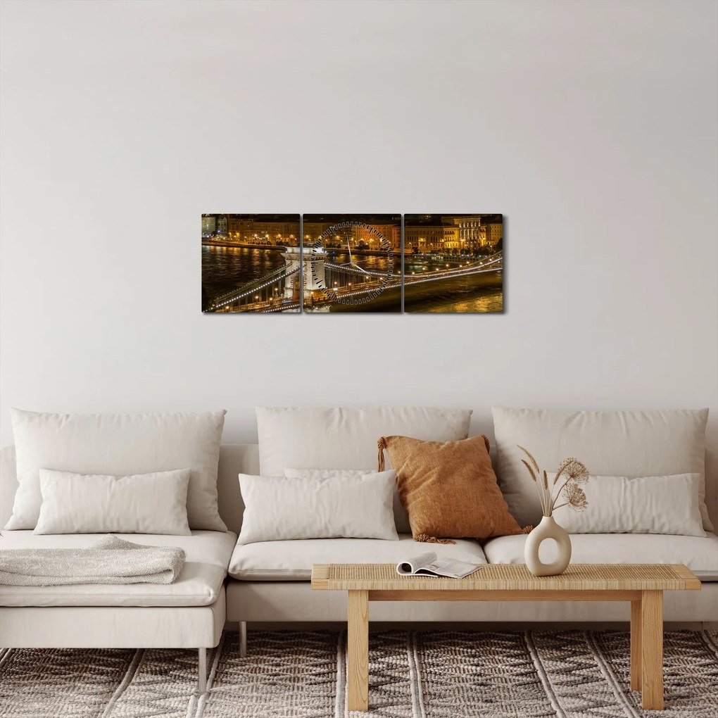 Obraz nočného mesta (s hodinami) (90x30 cm)