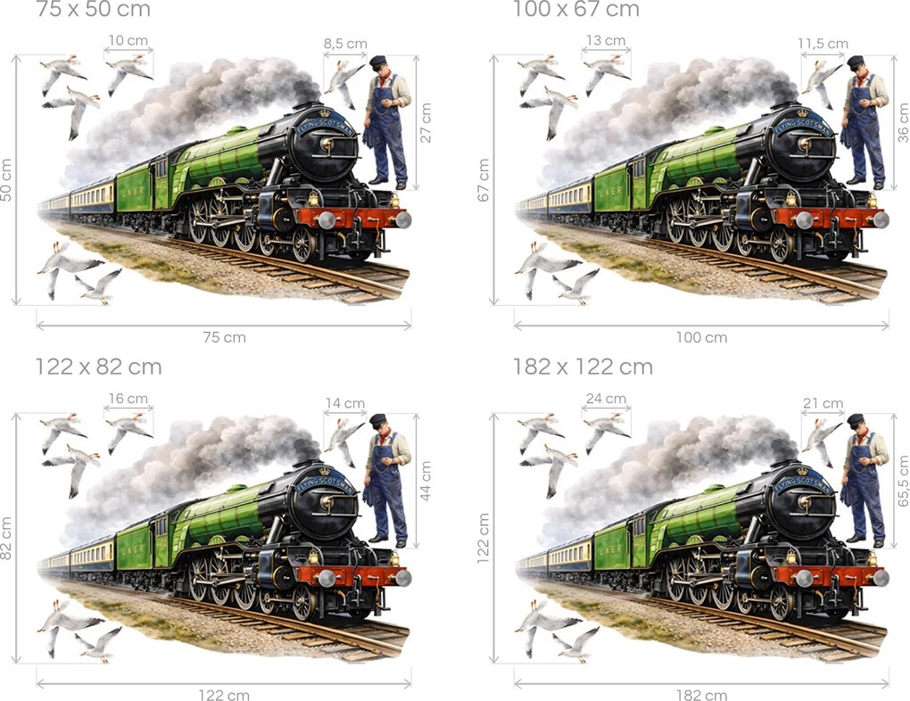 Vlak Flying scotsman textilné preliepateľné nálepky na stenu arch 75 x 50 cm