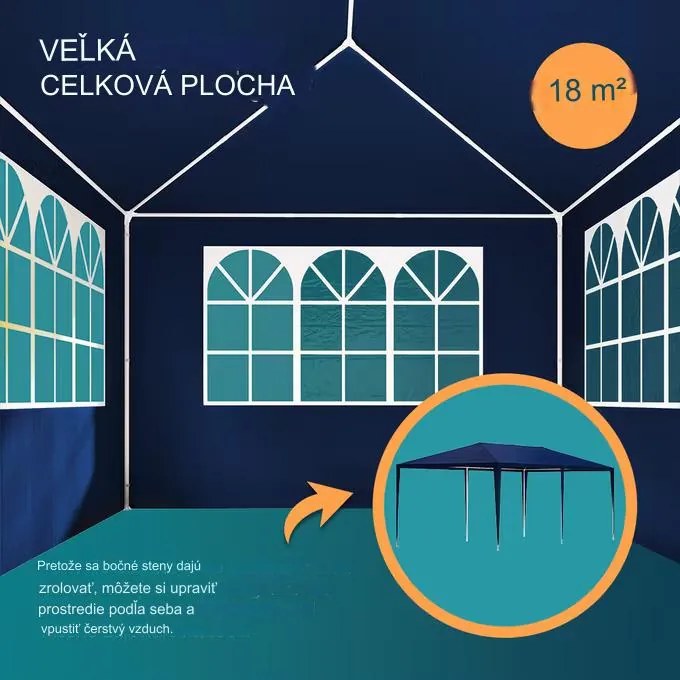 InternetovaZahrada Párty stan Rimini 3x6 m - bočné steny + oblúkové okná - modrá