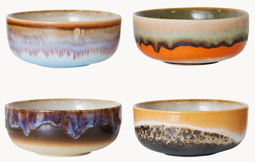 Ručne vyrobené misky na dipy's reaktívnou glazúrou 70's, 4 ks