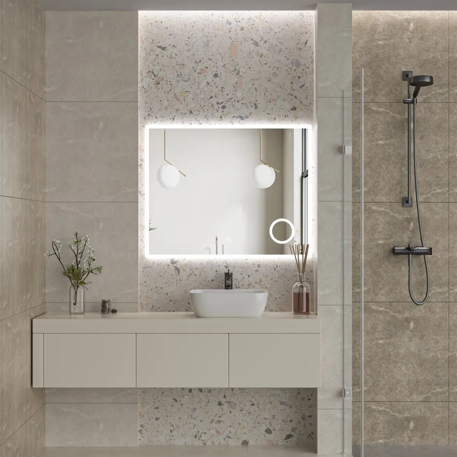 Erga Luna, LED zrkadlo 100x80cm s kozmetickým zrkadlom 3x zväčšenie, 2760 lm, 6500K, predné/zadné osvetlenie, ERG-V01-124-1080-00