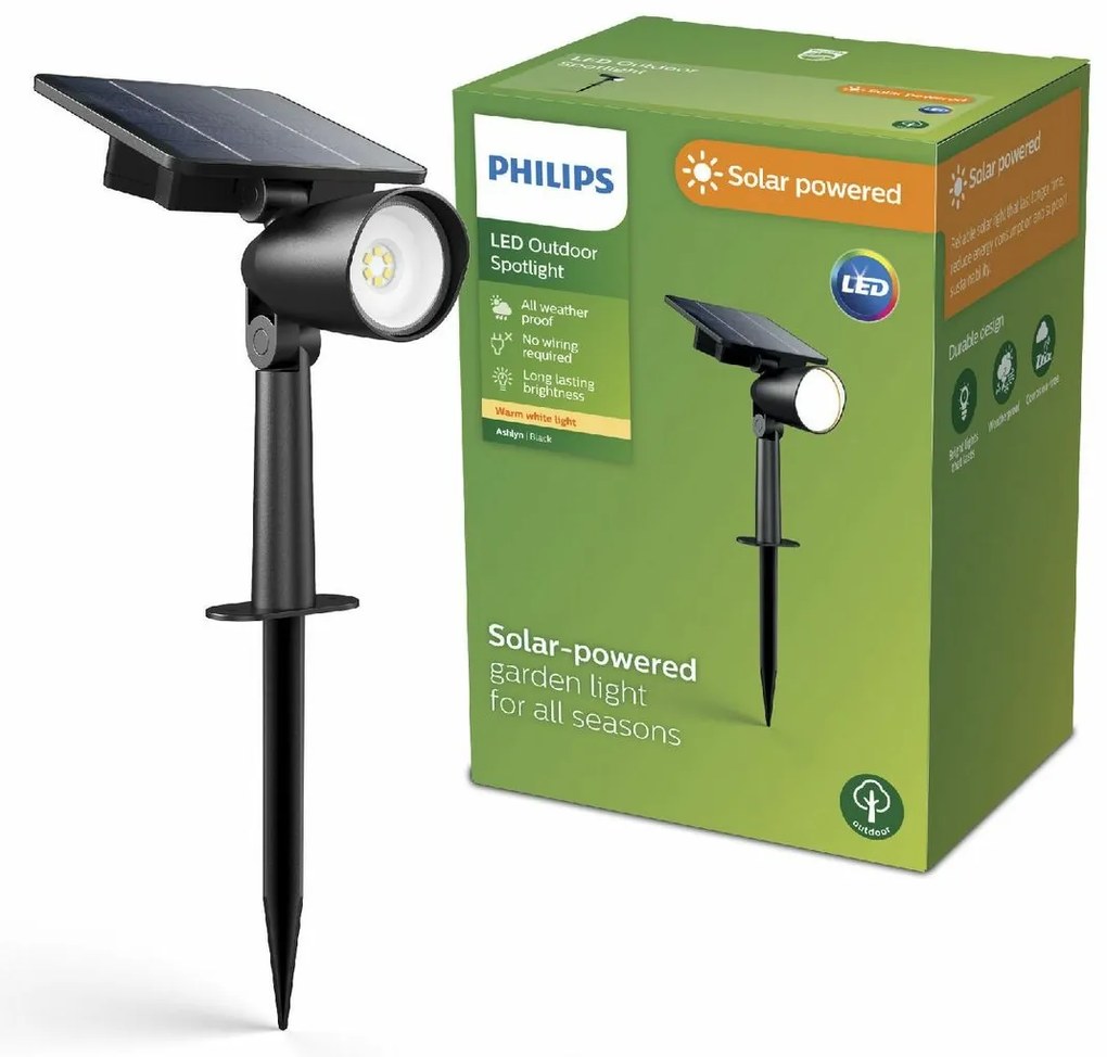 Philips Ashlyn UltraEfficient vonný solárny zemníLED reflektor 1,4W 150lm 2700K IP44, černá