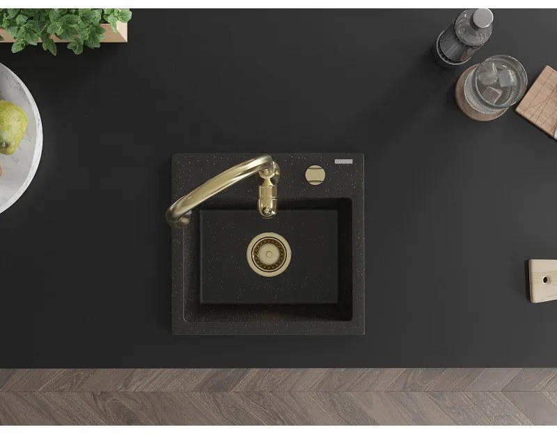 Mexen Milo, 1-komorový granitový drez 435x410x171 mm a drezová batéria Savita, čierna-zlatá metalíza, 6505-75-672601-50