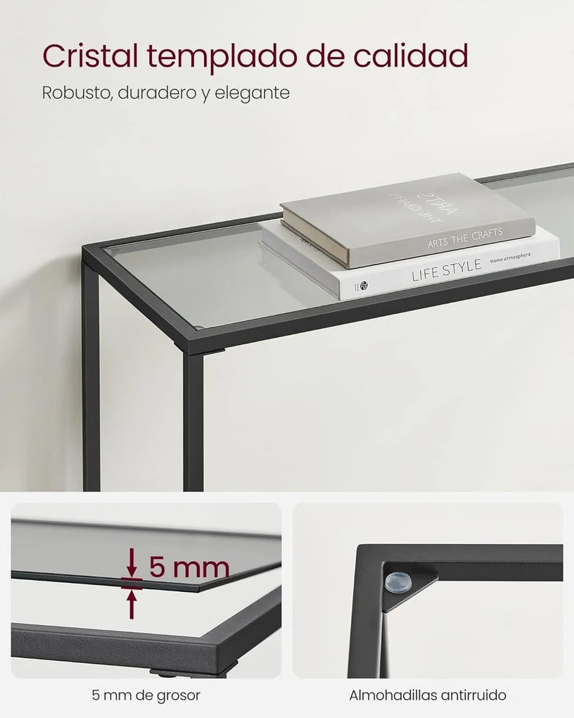 Konzolový stolík, príručný stolík, povrch z tvrdeného skla, 20 x 100 x 80 cm, čierny