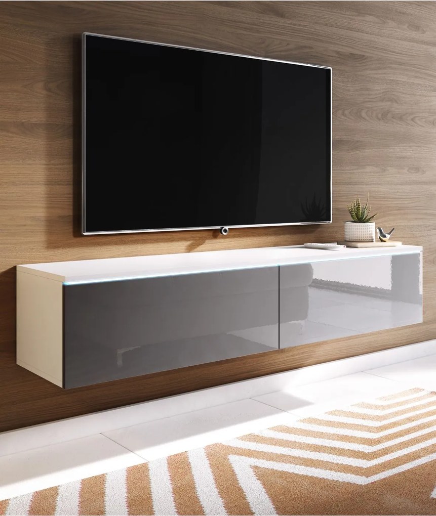 TV skrinka LED 140 cm závesná alebo stojaca biela/sivá lesklá Lowboard D