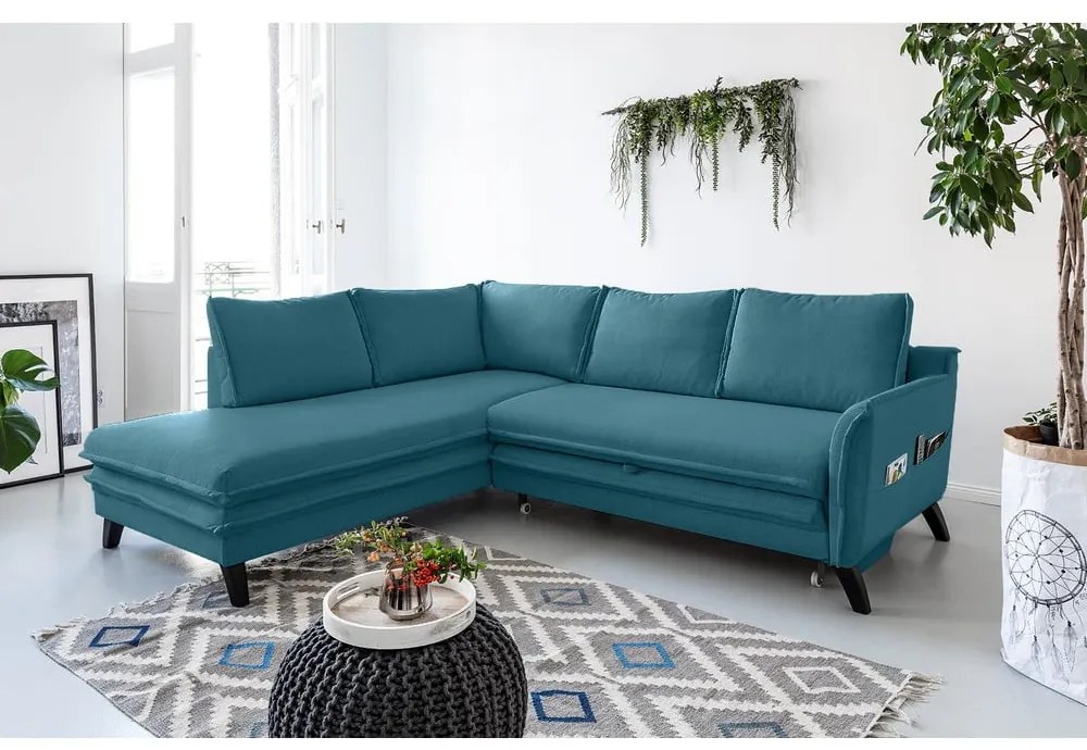 Tyrkysovomodrá rozkladacia rohová pohovka Miuform Charming Charlie L, ľavý roh