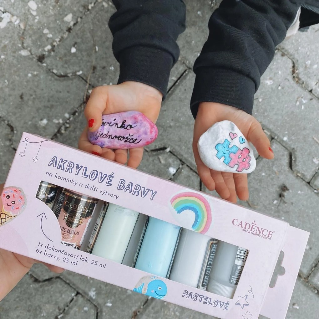 Akrylové farby na kamienky Cadence, súprava 6 ks a akrylový lak, 25 ml - pastelové