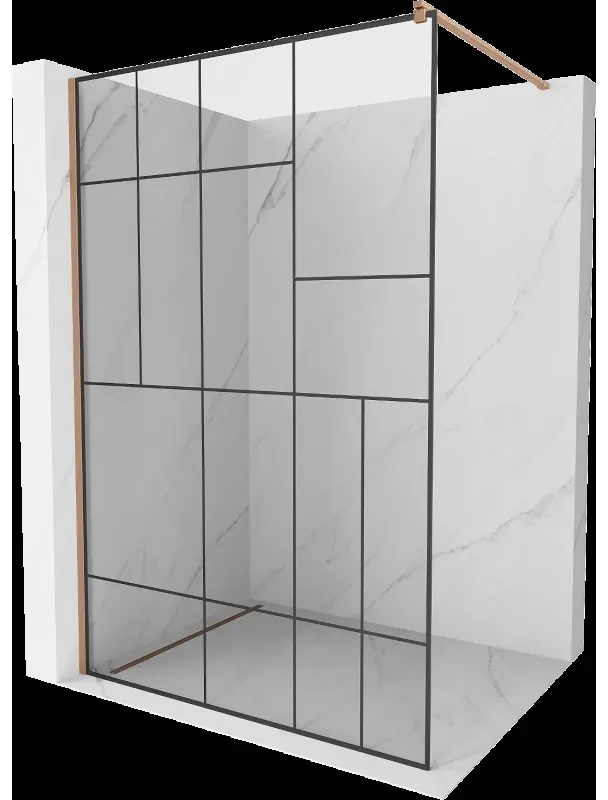 Mexen Kioto sprchová priečka Walk-in 100 x 200 cm, čierny vzor 8 mm, brúsená meď - 800-100-101-65-78
