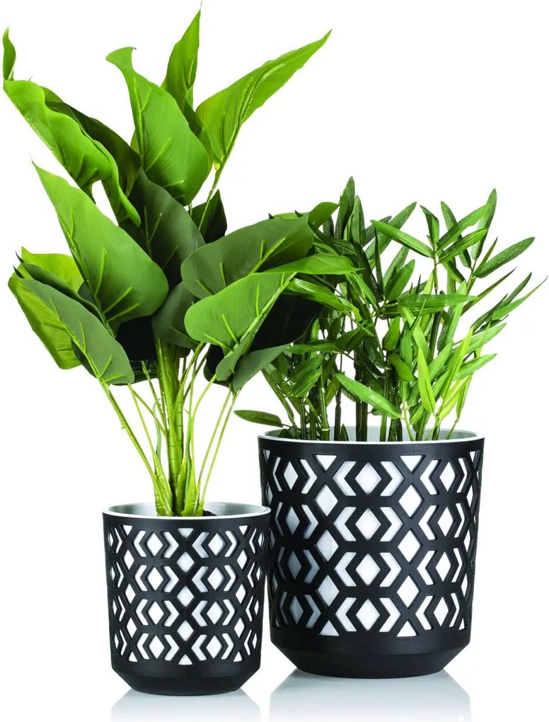 PLASTOVÝ KVETINÁČ ETNIC SADA 2KS 14,8X13,9 CM+20,1X19,5 CM ČIERNA