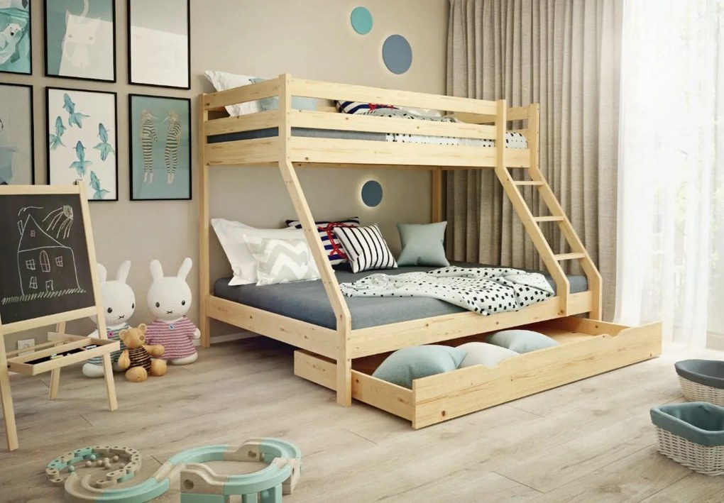 Poschodová posteľ z masívu DENIS vr. oboch roštov - 200x90/140 cm - prírodné