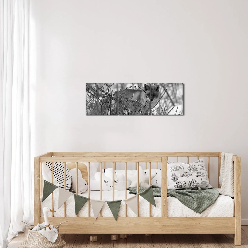 Obraz - Líška v zime (s hodinami) (90x30 cm)