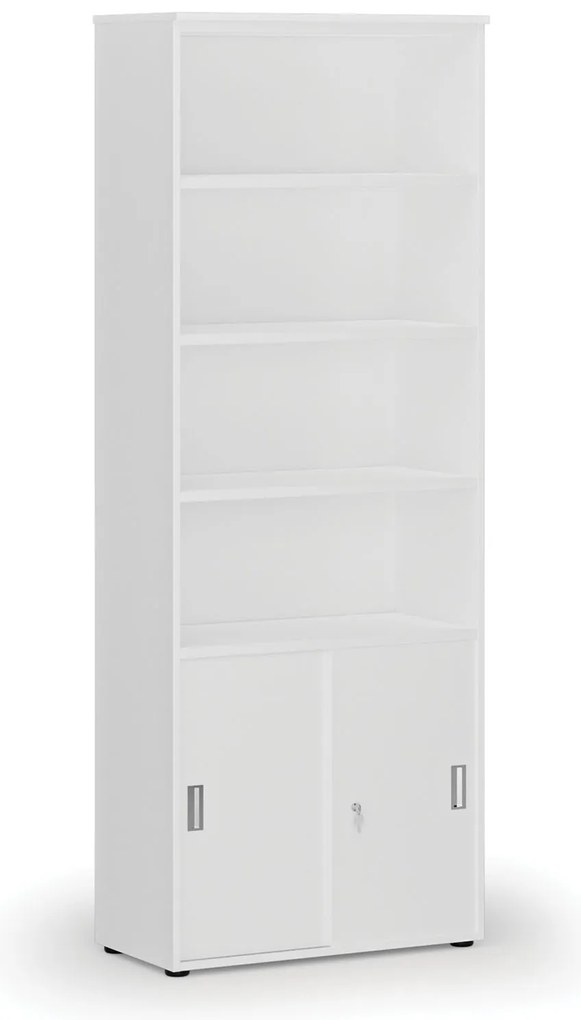 Kombinovaná kancelárska skriňa PRIMO WHITE, zasúvacie dvere na 2 poschodia, 800 x 420 x 2128 mm, biela