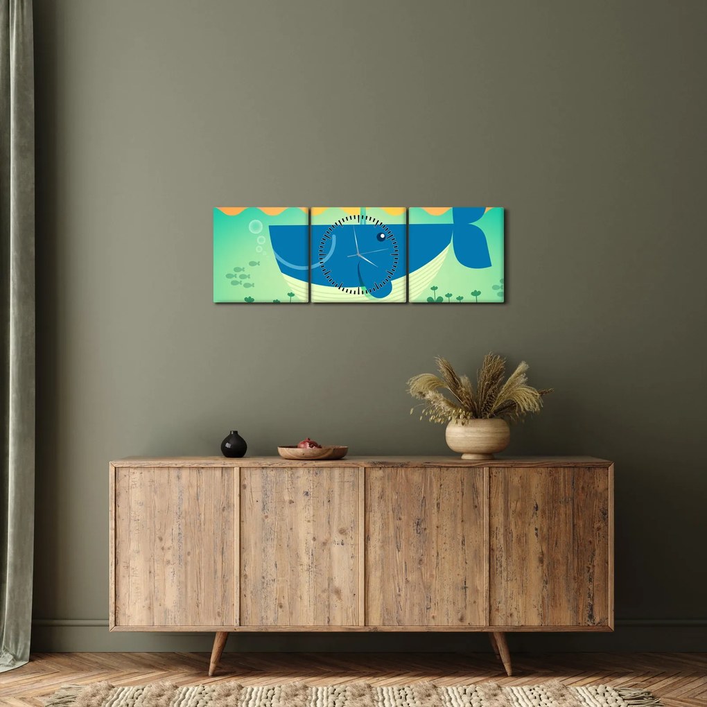 Obraz - Veselá veľryba v mori (s hodinami) (90x30 cm)