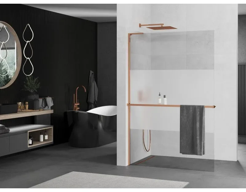Mexen Kioto+ L, sprchová zástena Walk-In s poličkou a vešiakom 100 x 200 cm, 8mm číre sklo-námraza, ružové zlato profil, 800-100-123-60-35
