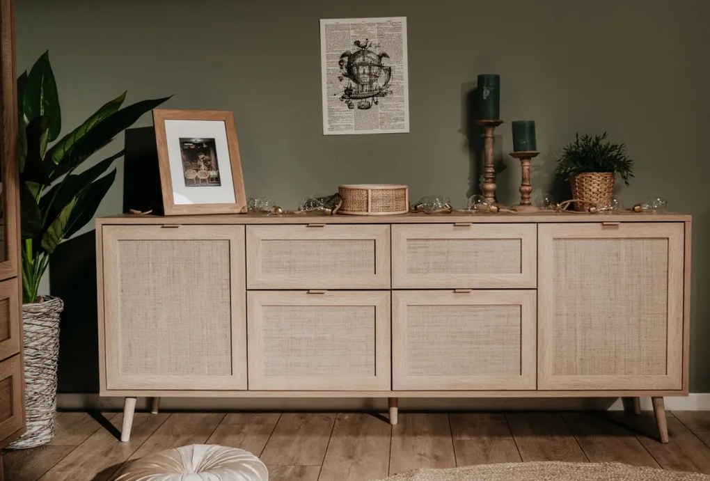 Široká komoda so zásuvkami Bali, dub sonoma/výplet