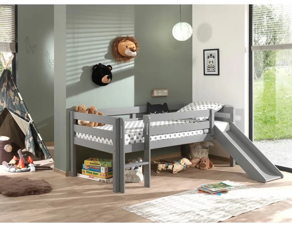 Sivá detská vyvýšená posteľ so šmykľavkou Vipack Pino, 90 x 200 cm