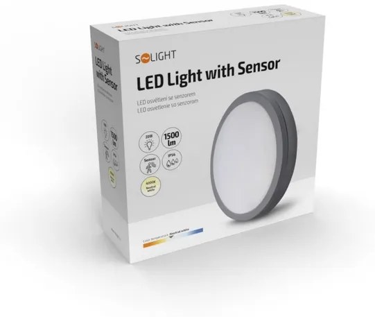 SOLIGHT LED vonkajšie osvetlenie so senzorom Siena, šedé, 20W, 1500lm, 4000K, IP54, 23cm