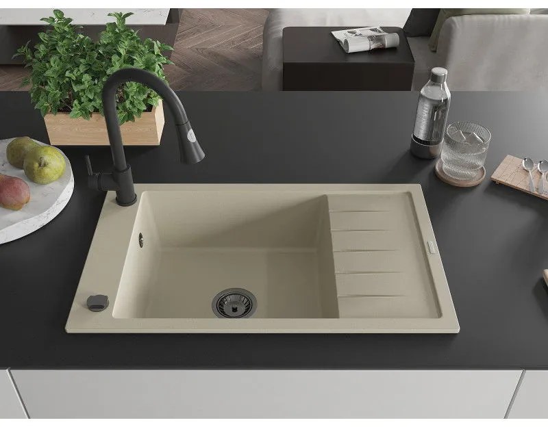 Mexen Elias, 1-komorový granitový drez 795x480x200 mm a drezová batéria Elia, biela, 6511-69-670101-70