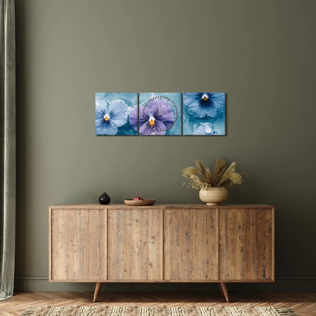 Obraz - Fialky vo vode (s hodinami) (90x30 cm)