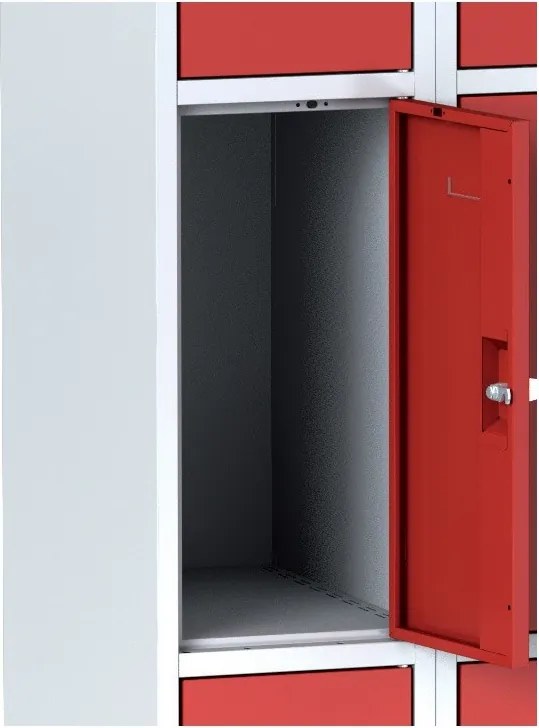 Šatníková skrinka S6 s úložnými boxami, 3 boxy, 1800 x 300 x 500 mm, otočný zámok, oranžové dvere