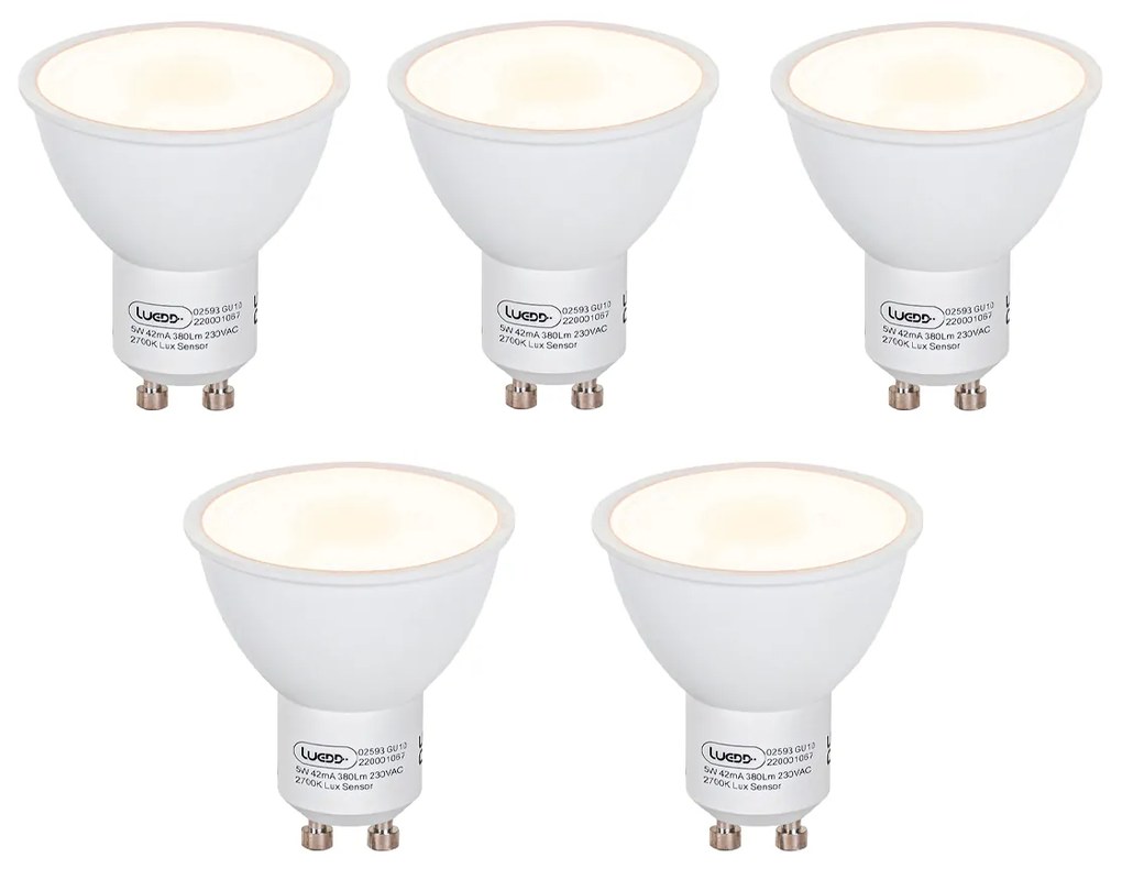 Sada 5 LED žiaroviek GU10 so senzorom súmraku 5W 380lm 2700K