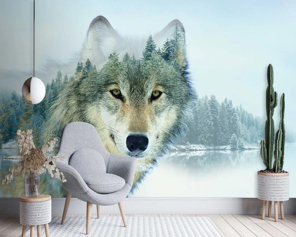 Fototapeta, Vlk na pozadí lesa - 200x140 cm