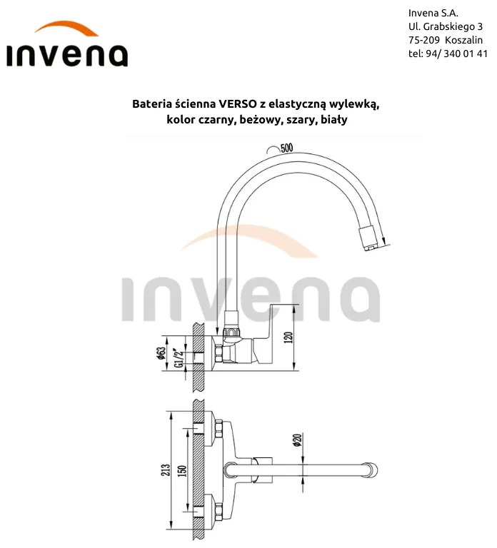 Invena Verso, nástenná kuchynská batéria 150mm s elastickým ramenom, čierna matná-zlatá lesklá, INV-BC-82-E49-L