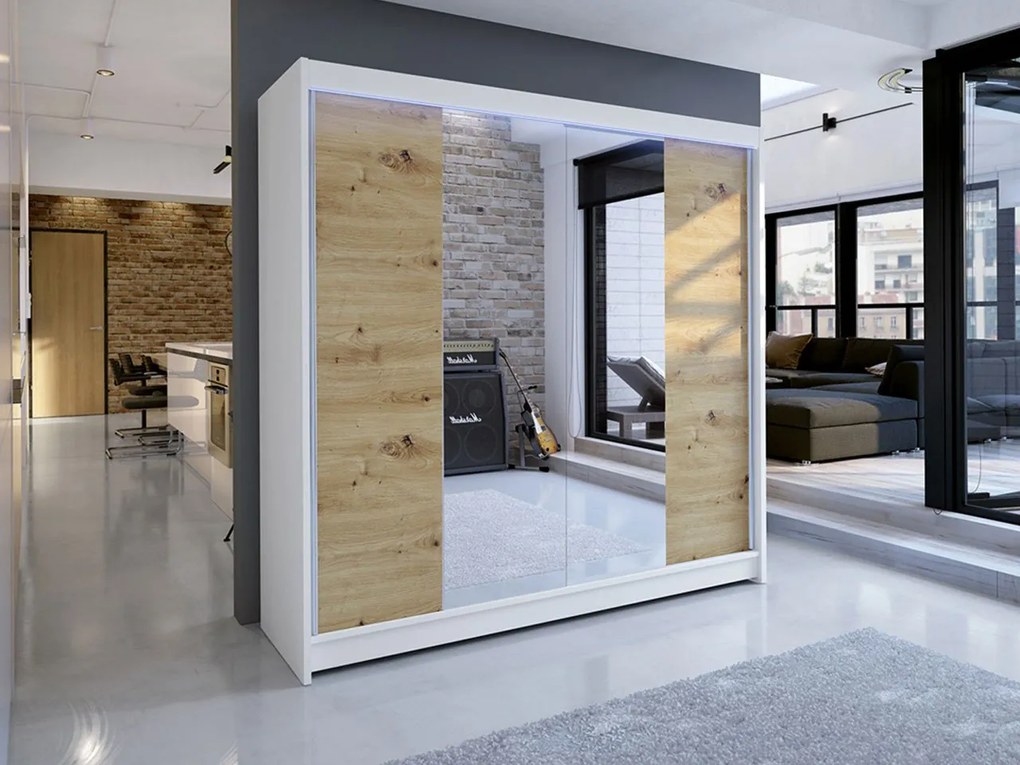 Šatníková skriňa s posuvnými dverami Bar II, Farby: čierny / dub artisan, Osvetlenie: osvetlenie LED RGB - farebné