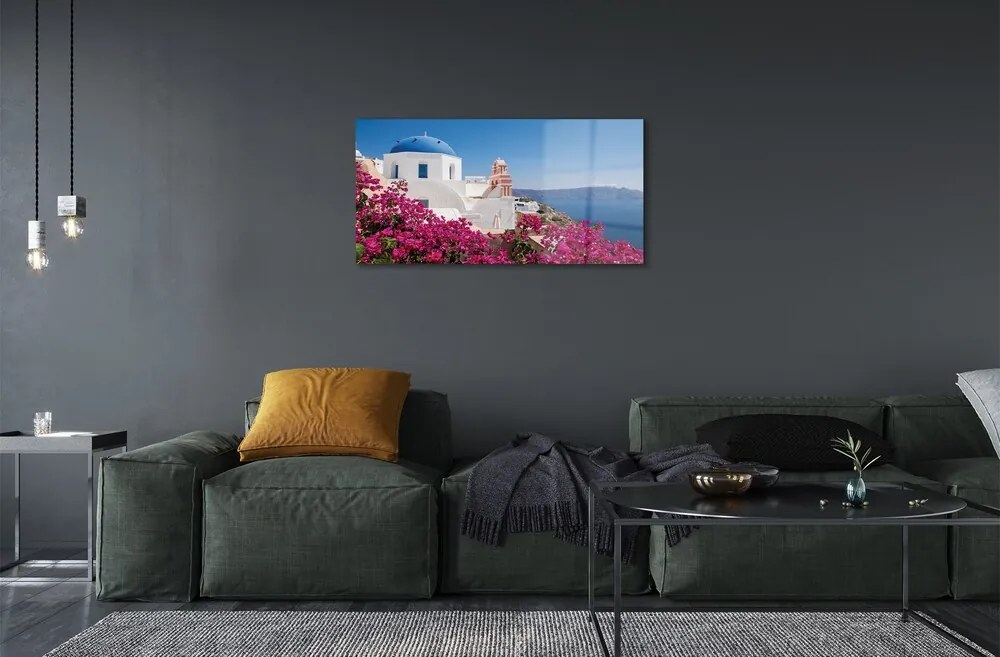 Sklenený obraz Grécko kvety morské stavby 125x50 cm