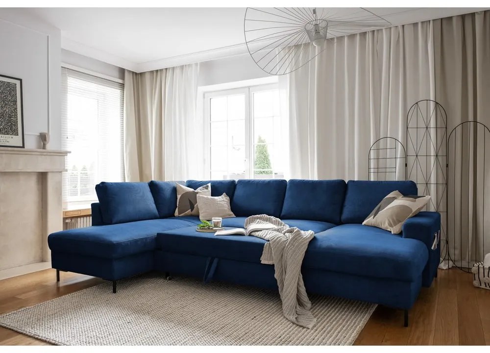 Tmavomodrá menčestrová rozkladacia rohová pohovka (ľavý roh) Lofty Lilly – Miuform