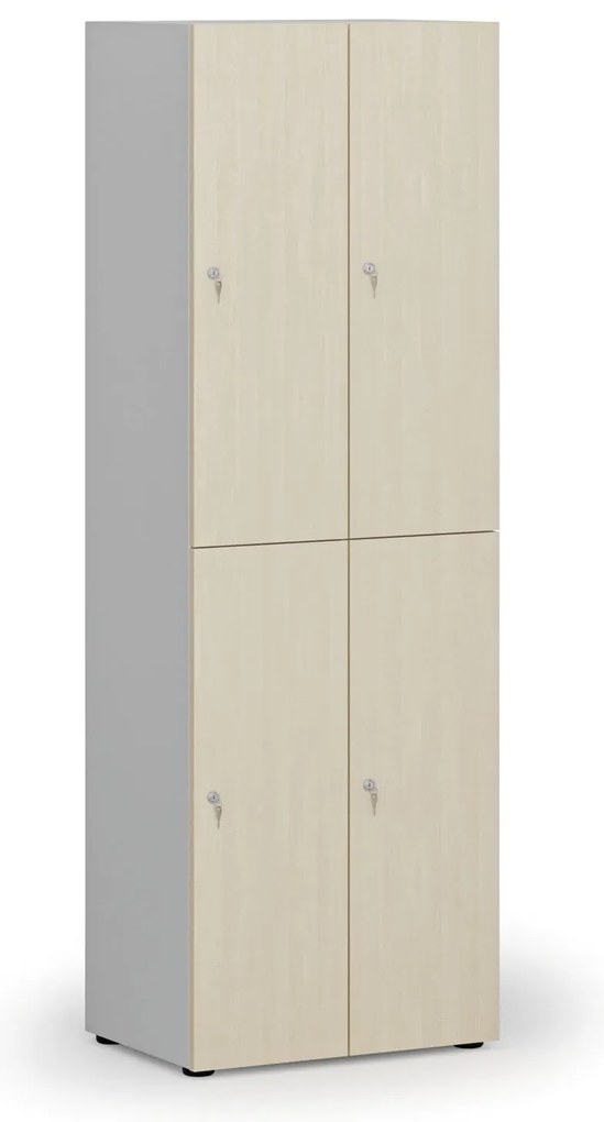 Drevená šatníková skrinka S4 s úložnými boxmi, 4 boxy, demont, cylindrický zámok, sivá/breza