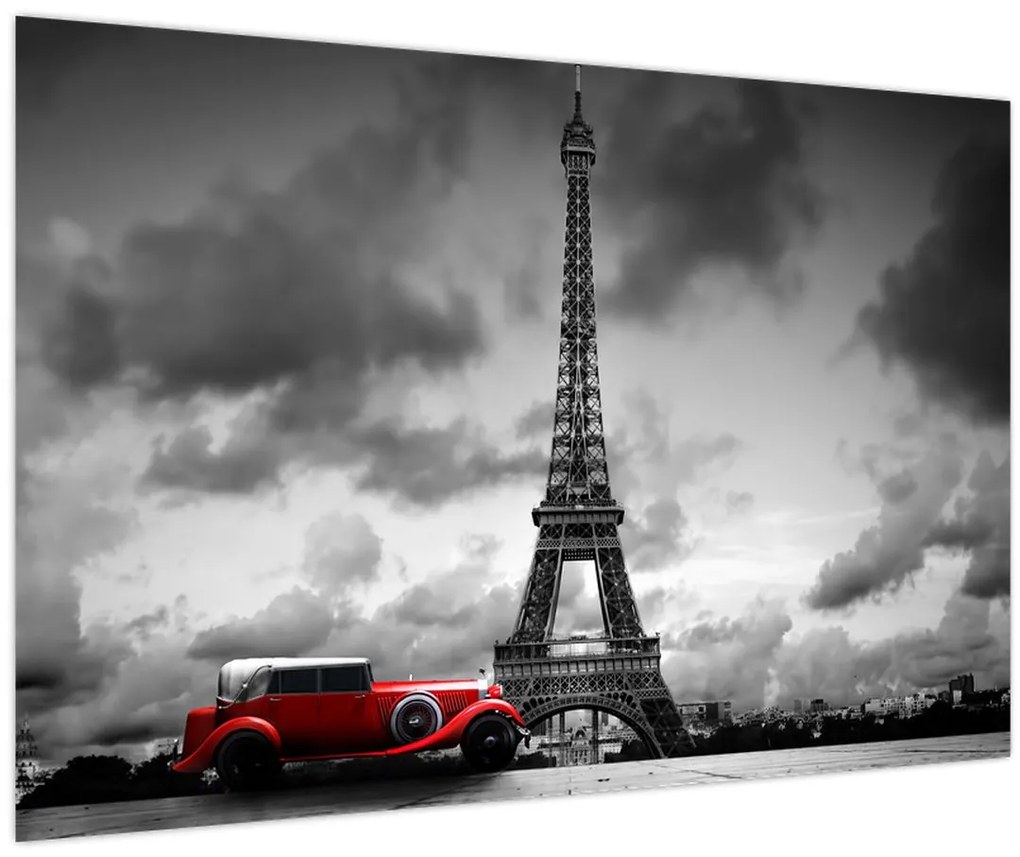Obraz - Eiffelova veža a červené auto (90x60 cm)