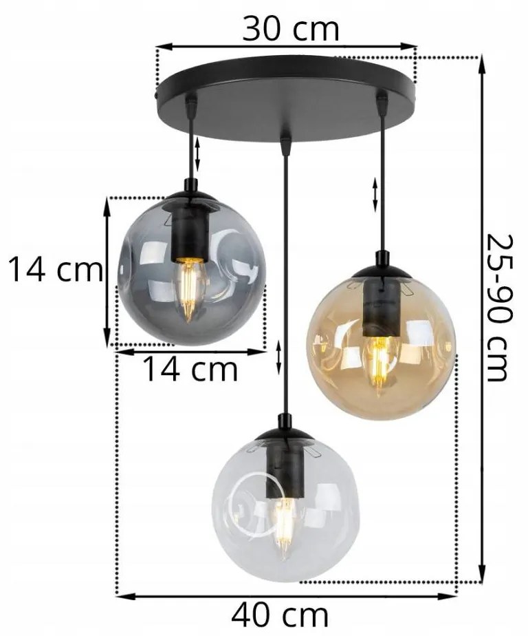 Závesné svietidlo MONAKO, 3x sklenené tienidlo (mix 3 farieb), O