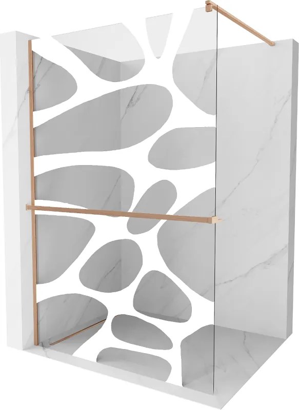 Mexen Kioto+, sprchová zástena Walk-In s poličkou a vešiakom 90 x 200 cm, 8mm číre sklo biely vzor, medený matný profil, 800-090-121-65-97